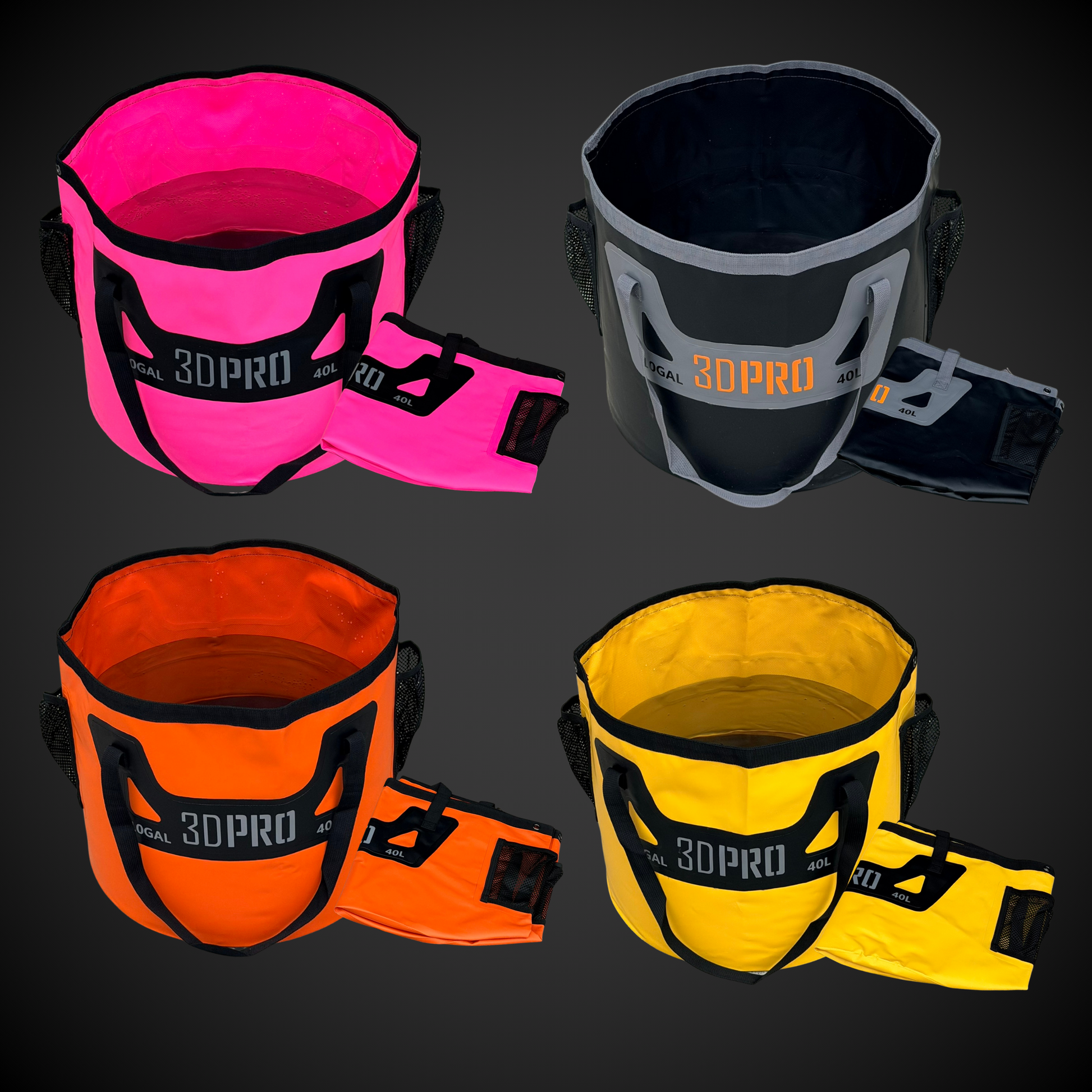 Four colorful folding buckets with '3DPRO' branding on a dark background