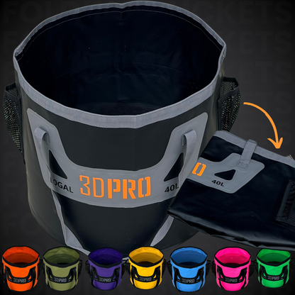 Black and gray 3DPRO bucket with colorful sample buckets on a dark background