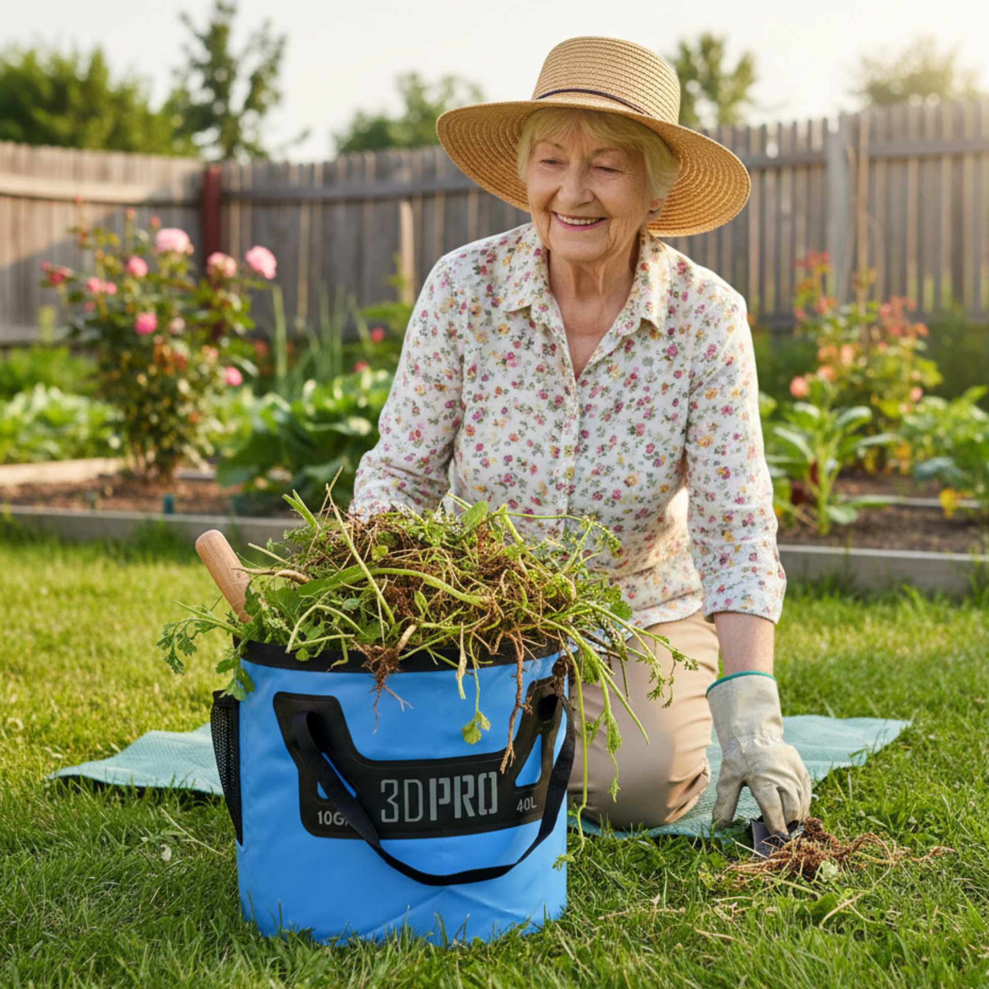 Woman in a garden holding a blue 3DPRO folding bucket filled with gardening tools and plants.