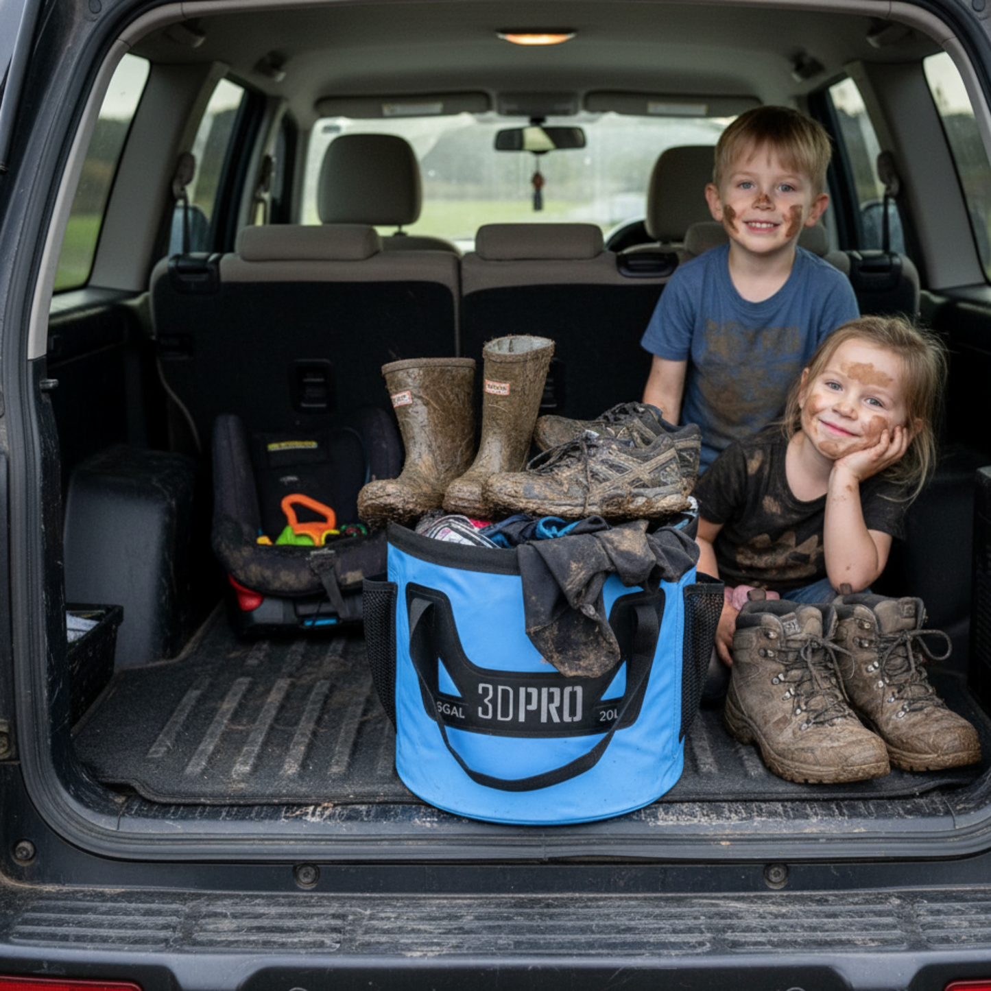 Two children in a car trunk with muddy boots and a blue 3DPRO bucket.