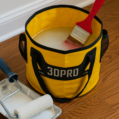 Yellow 3DPRO folding bucket with a brush and roller on a wooden floor