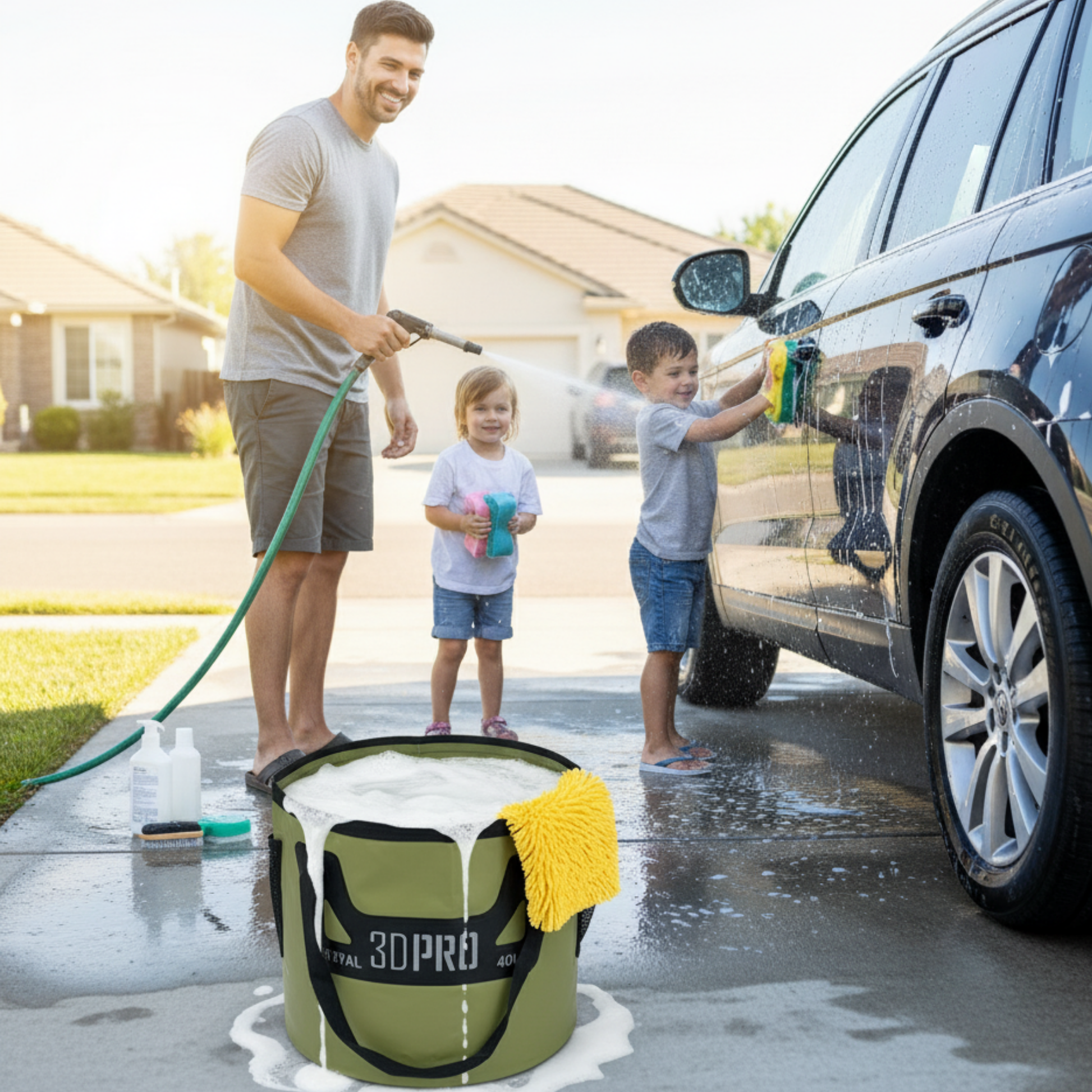 Man and two children washing a car with a green bucket labeled '3DPro' on a driveway.