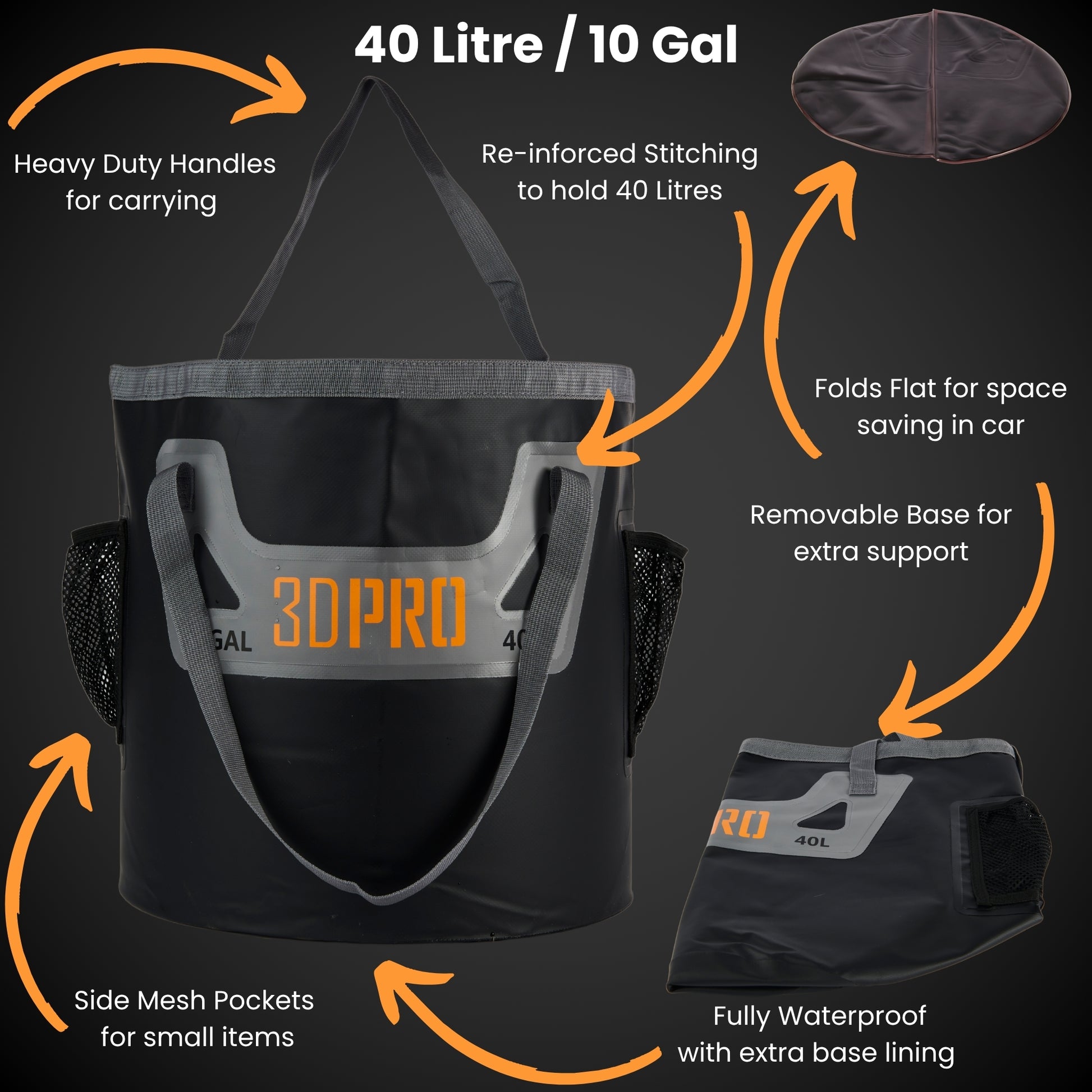 40L Black Folding Bucket Selling Points such as heavy duty, re-inforced stitching, folds flat for space saving, removable base, side mesh pockets, and fully waterproof. 