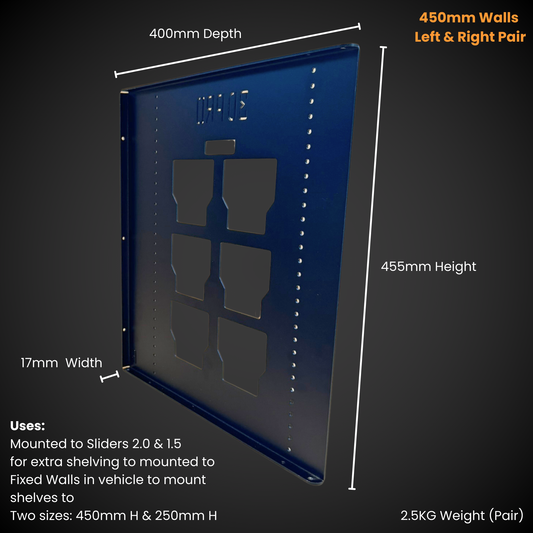 450mm Height Set of Walls (Pack A Shelf) shelving unit with measurements and specifications on a black background