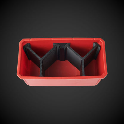 A red and black 5-way standard double bin divider, designed to be used with a Milwaukee Packout organizer.