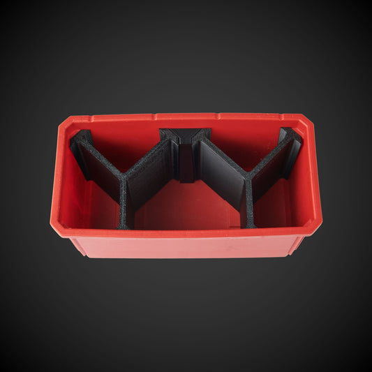 A red and black 5-way standard double bin divider, designed to be used with a Milwaukee Packout organizer.