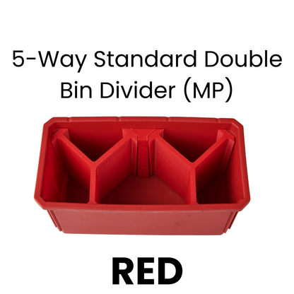 Red 5-way standard double bin divider with text on a white background