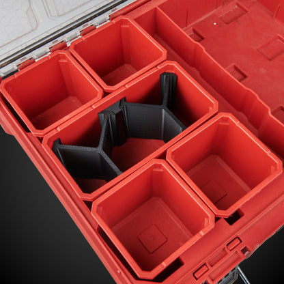 Red tool organizer with black 5-Way Standard Double Bin Divider (MP) on a dark background