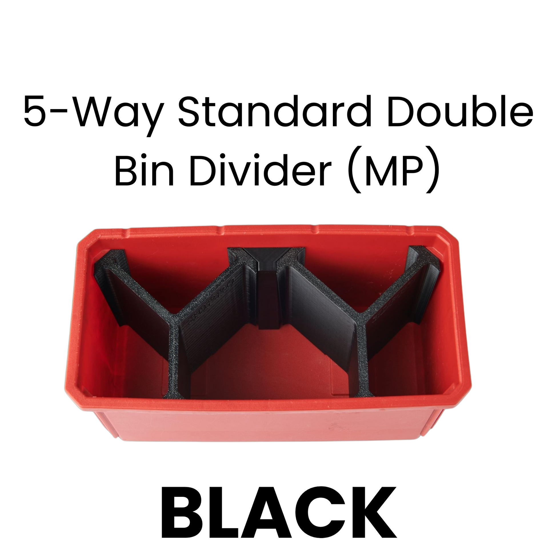 Red bin with black 5-way standard double bin divider on a white background