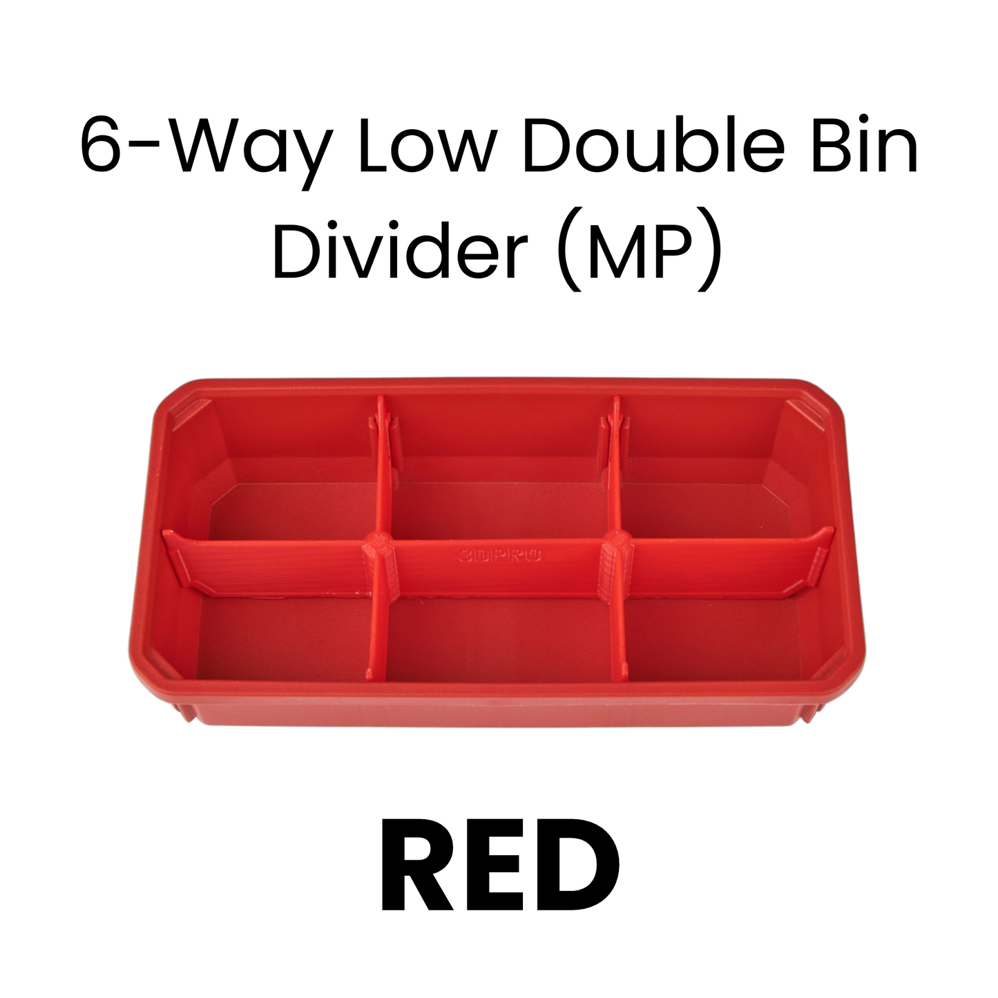 Red 6-way low double bin divider with text on a white background