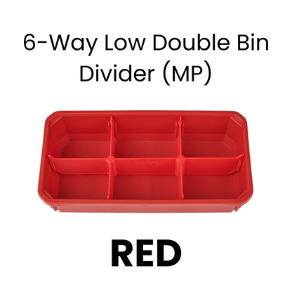 Red 6-way low double bin divider with text on a white background