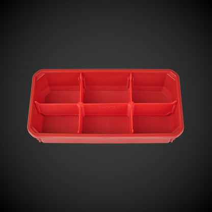 A red 6-way low double bin divider designed for organizing tools in a Milwaukee Packout low organizer.
