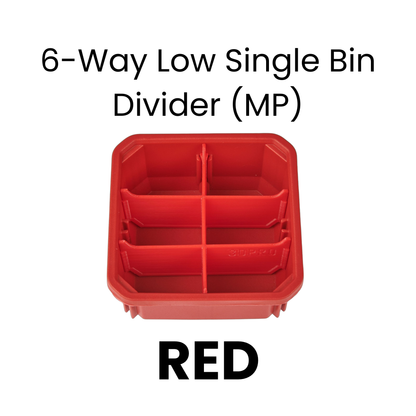 Red 6-way low single bin divider with text on a white background