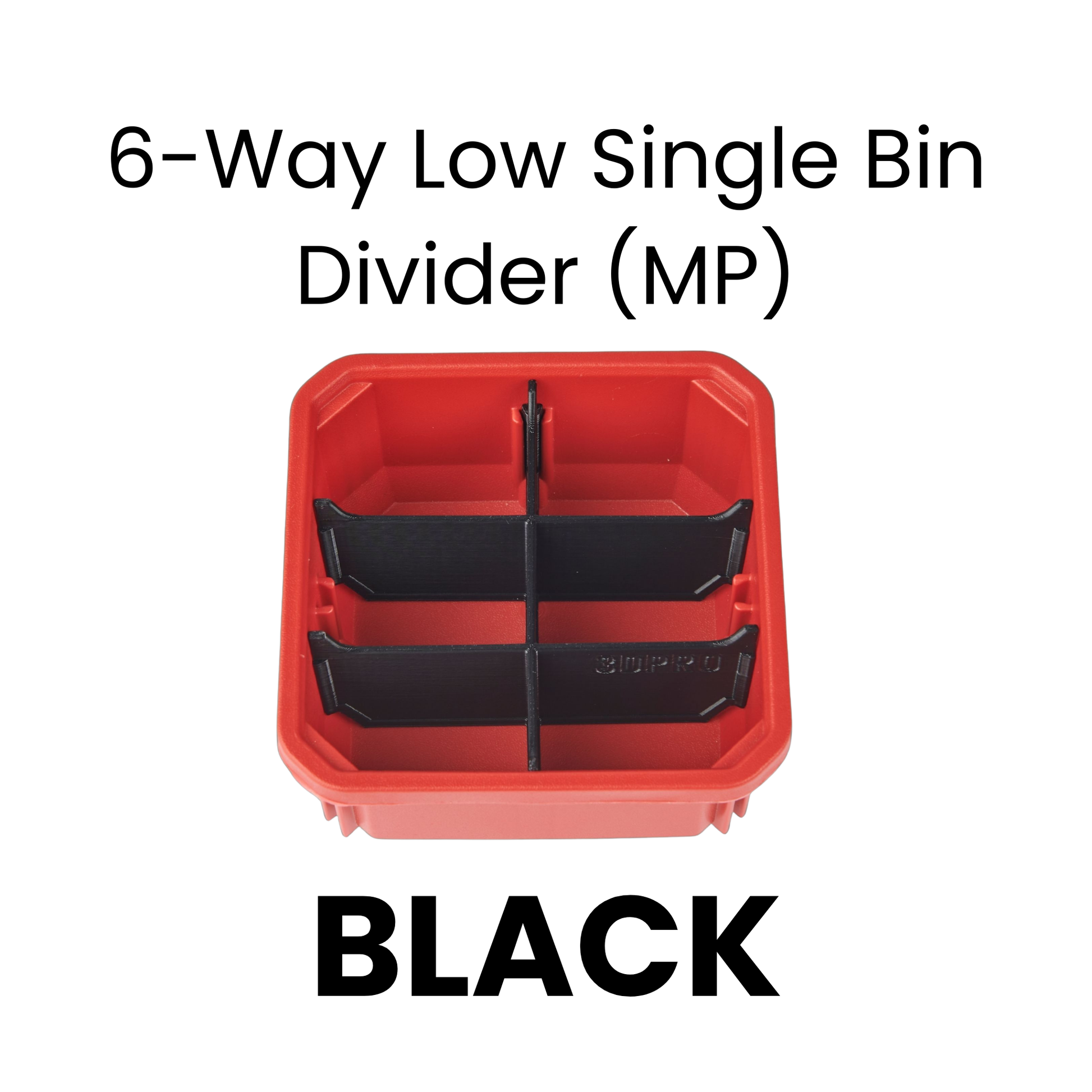 Red bin with black 6-Way Low Single Bin Divider (MP) labeled '6-Way Low Single Bin Divider (MP)' on a white background.