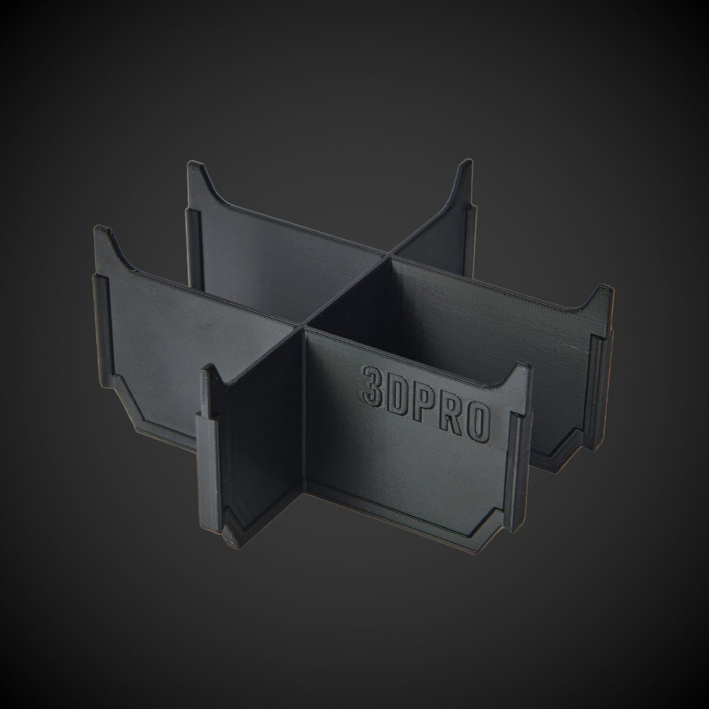 Black 3D-printed 6-Way Low Single Bin Divider (MP) with '3DPRO' branding on a dark background