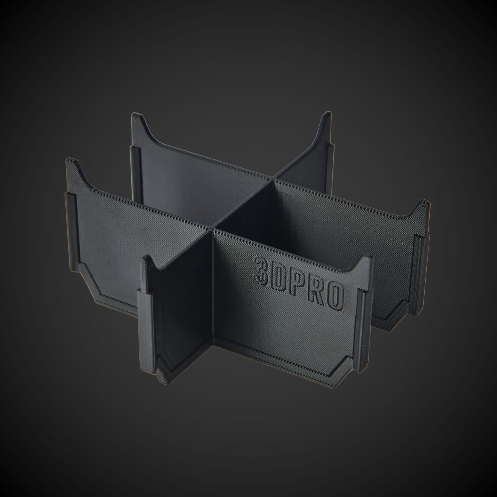 Black 3D-printed 6-Way Low Single Bin Divider (MP) with '3DPRO' branding on a dark background