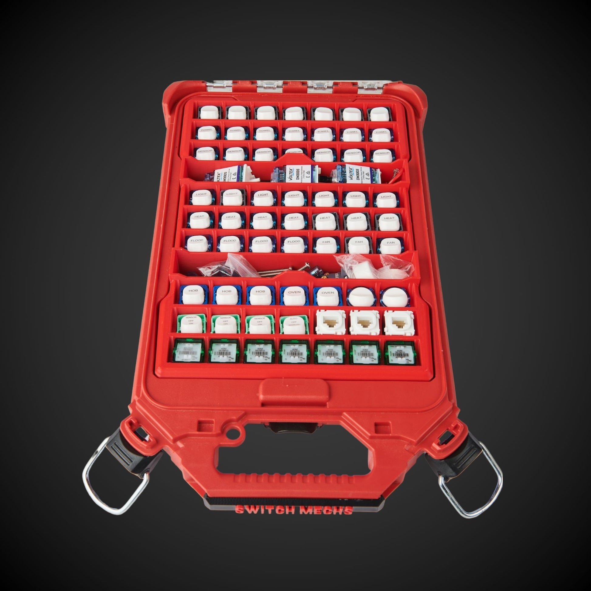A red 63 x Switch Mech Insert (Packout) designed for organizing electrical switch components, featuring compartments for mechs and additional storage for screws and tools.