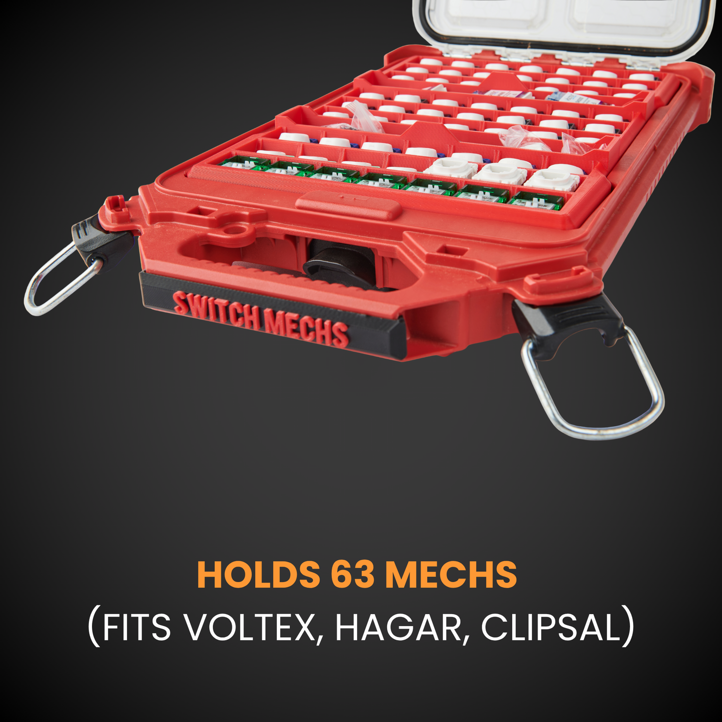 Red tool case with compartments labeled 'Switch Mechs' on a black background