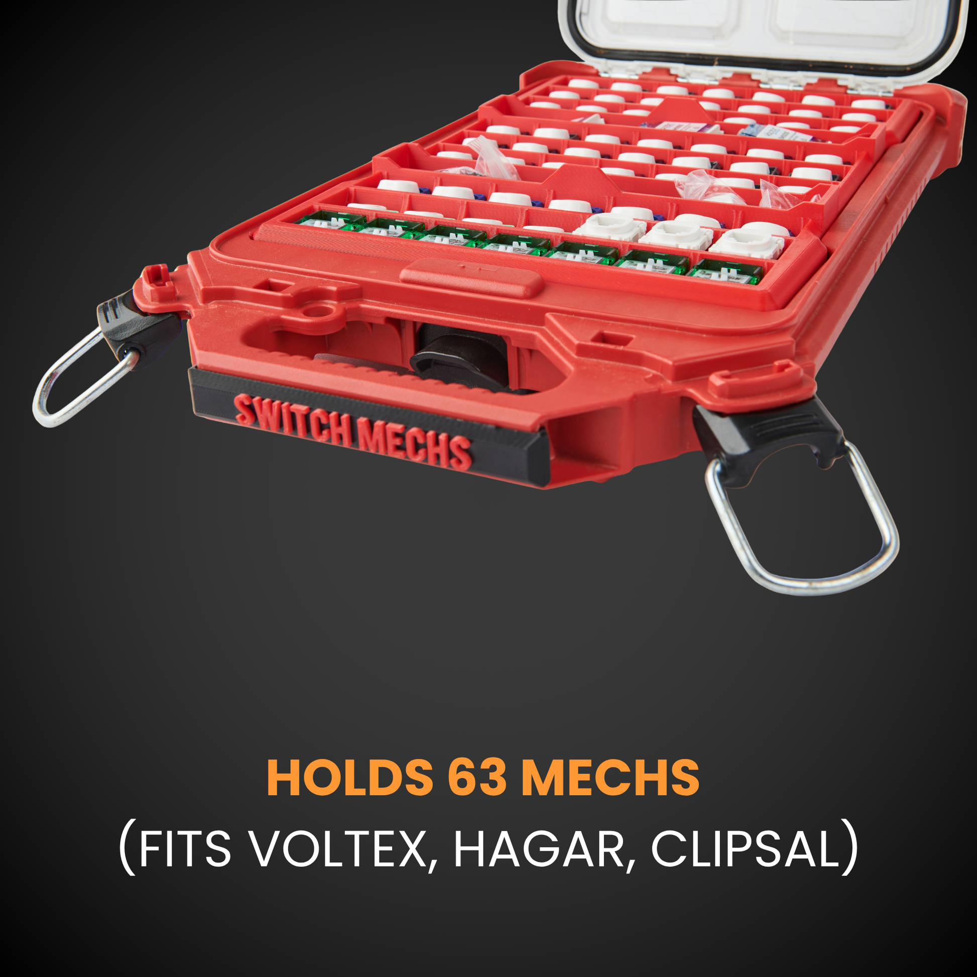 Red tool case with compartments labeled 'Switch Mechs' on a black background