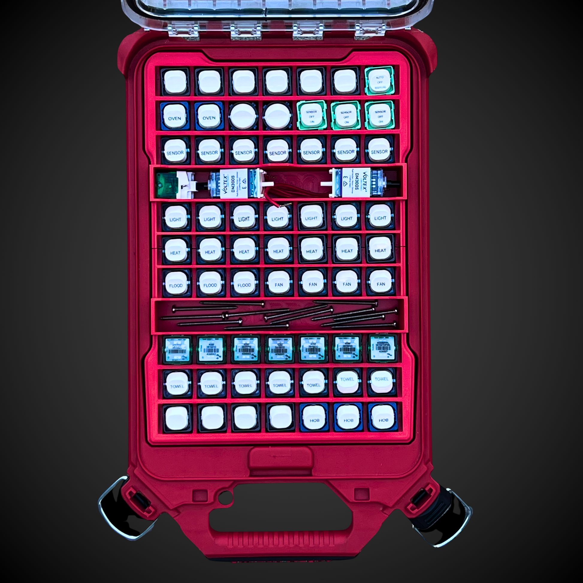 Milwaukee with 63x Switch Mech Insert Packout containing various items on a dark background