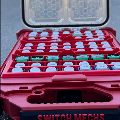 Milwaukee with compartments labeled 'TOWERS', 'HOB', and 'NIB' on a gray surface.