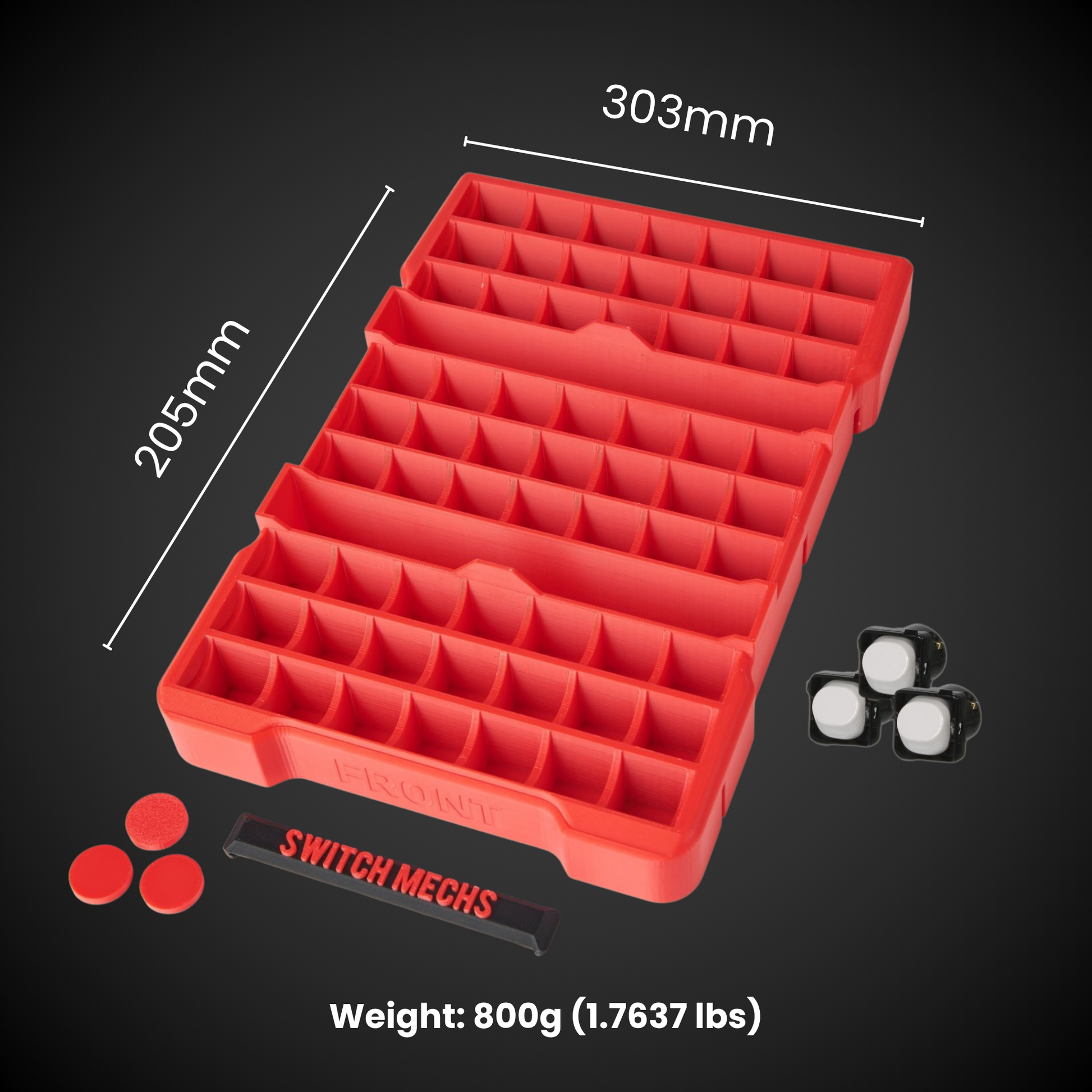 Red 63x Switch Mech Insert Packout with dimensions and weight information on a black background