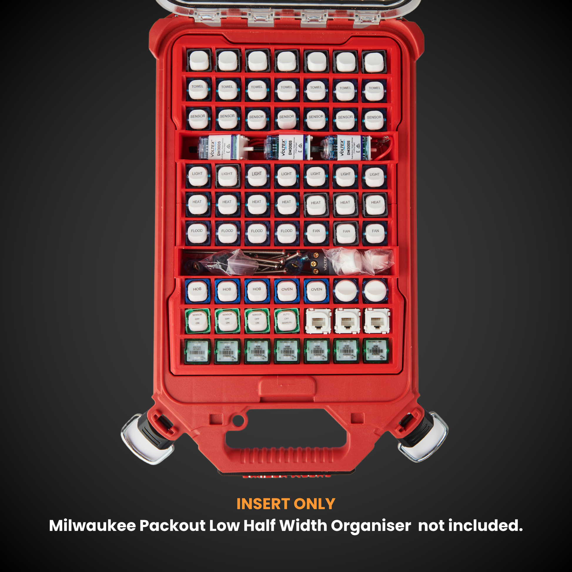 Milwaukee with various compartments on a black background