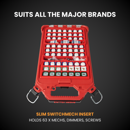 Milwaukee with 63x Switch Mech Insert Packout  on a black background, featuring text about compatibility with major brands.