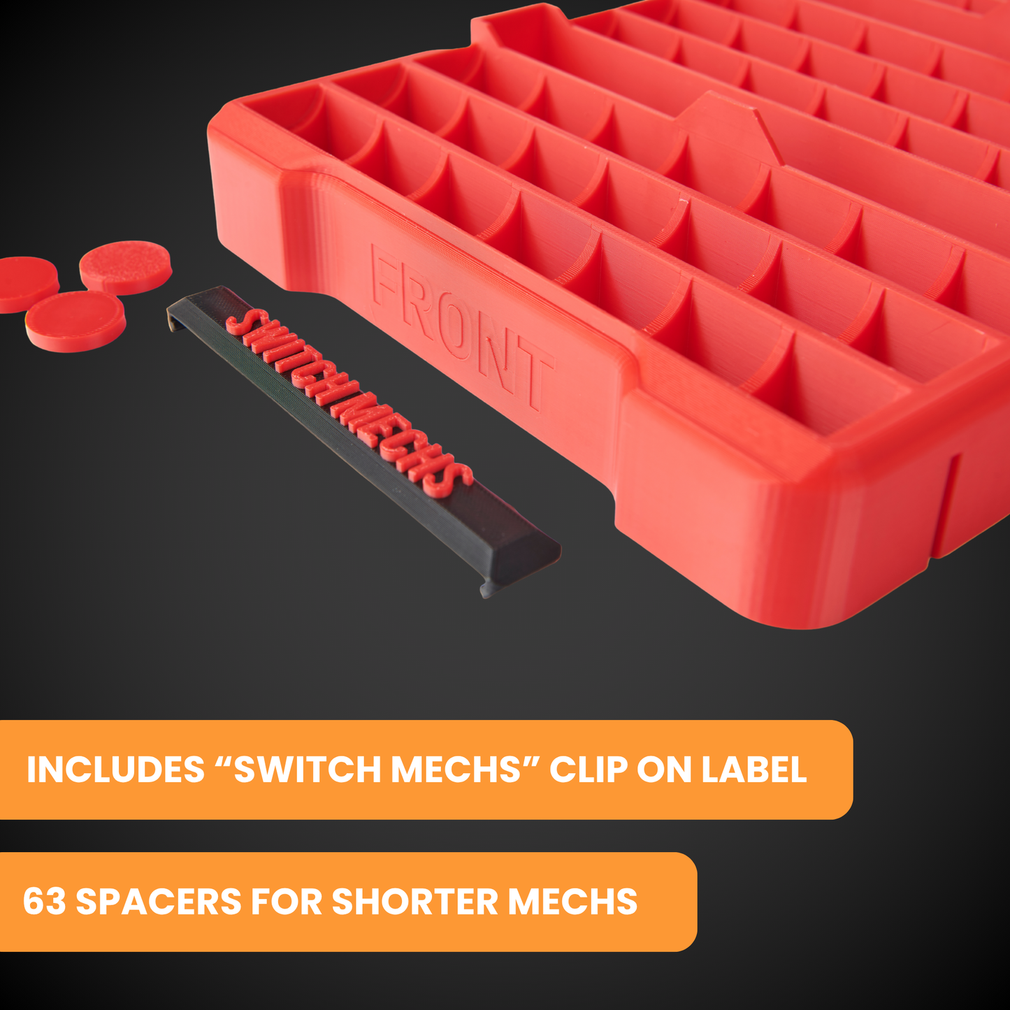 63x Switch Mech Insert Packout with 'Switch Mechs' clip on label on a black background