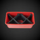 A black 7-way double bin divider inside a red tool storage bin, designed to organize and separate items within the bin.