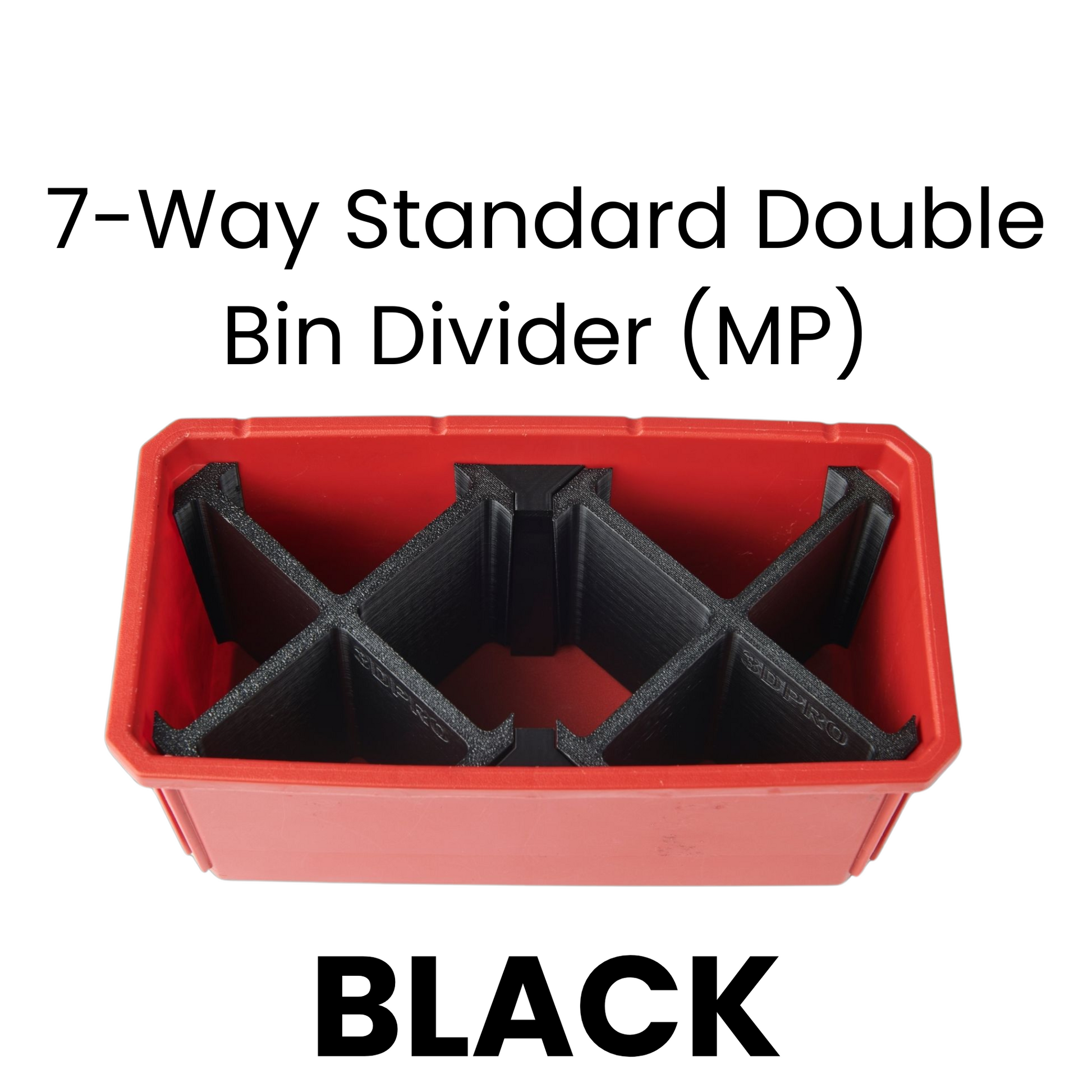 Red bin with black 7-way standard double bin divider on a white background