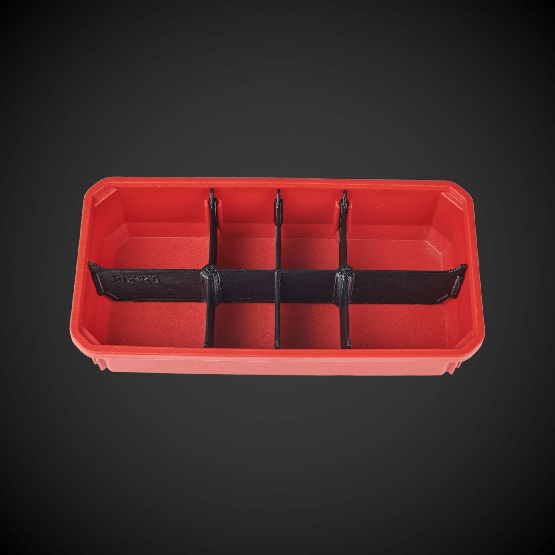 An 8-way low double bin divider in red color with black dividers