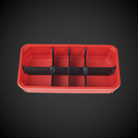 An 8-way low double bin divider in red color with black dividers