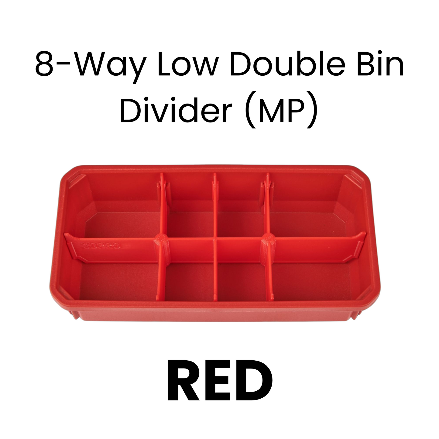 Red 8-way low double bin divider on a Milwaukee bin