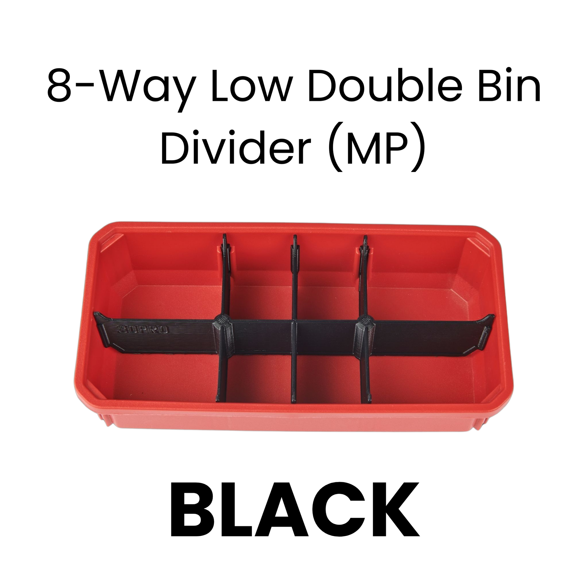 Red 8-way low double bin divider on a Milwaukee tool box
