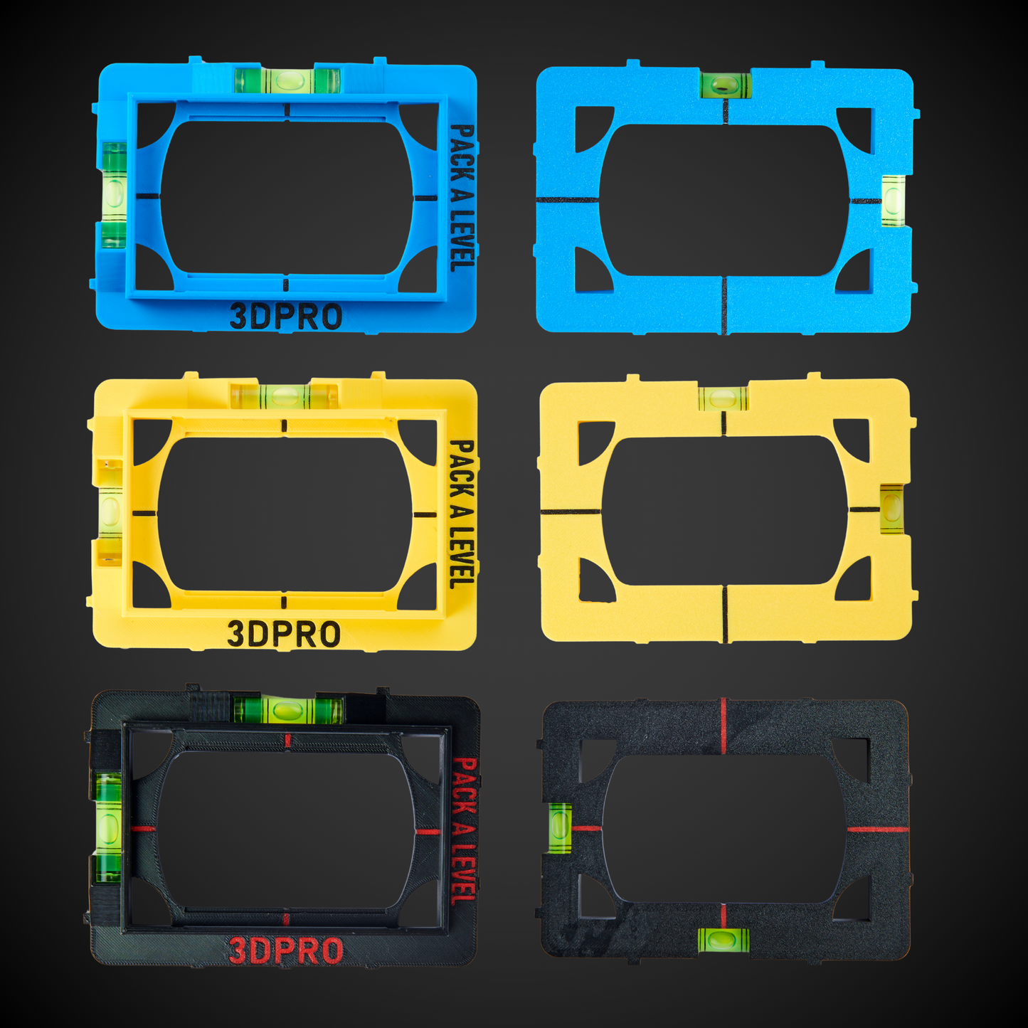 Set of six pack a level tools in blue, yellow, and black on a dark background