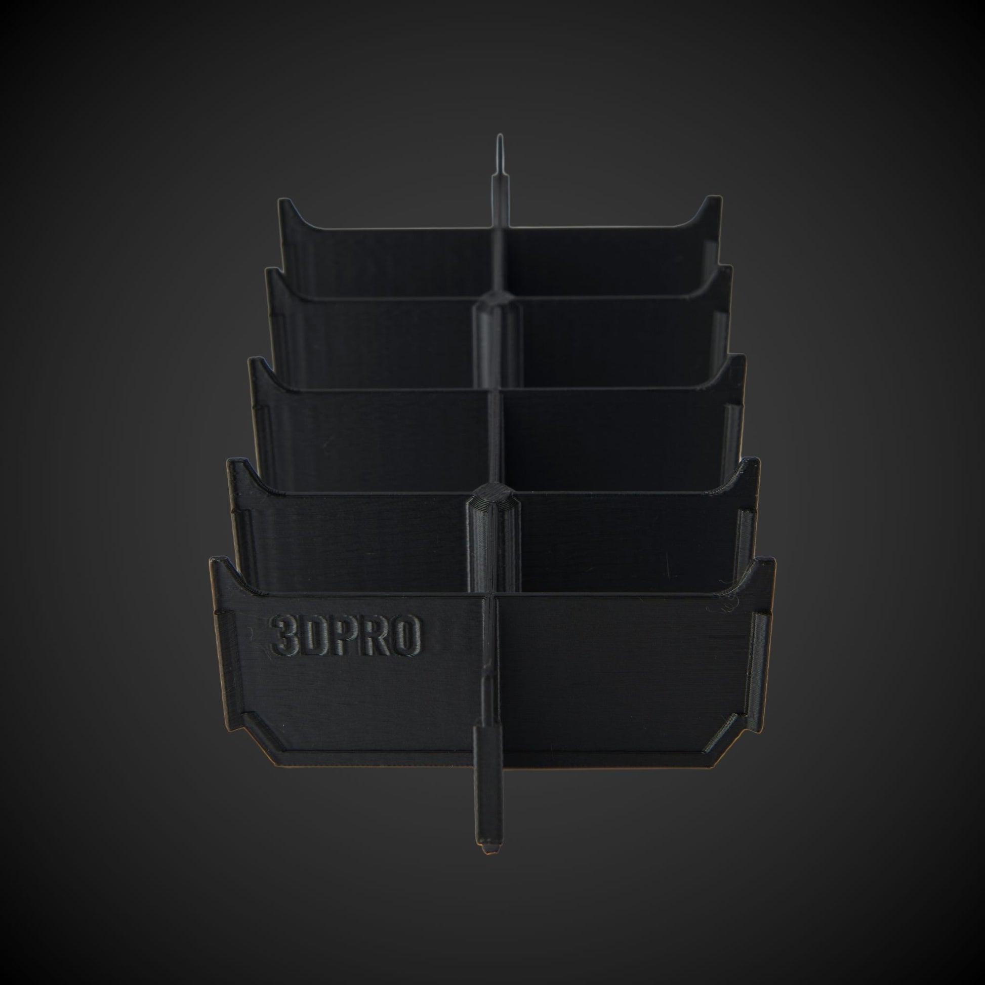 Black 12-Way Low Double Bin Divider with multiple compartments and '3DPRO' branding on a dark background