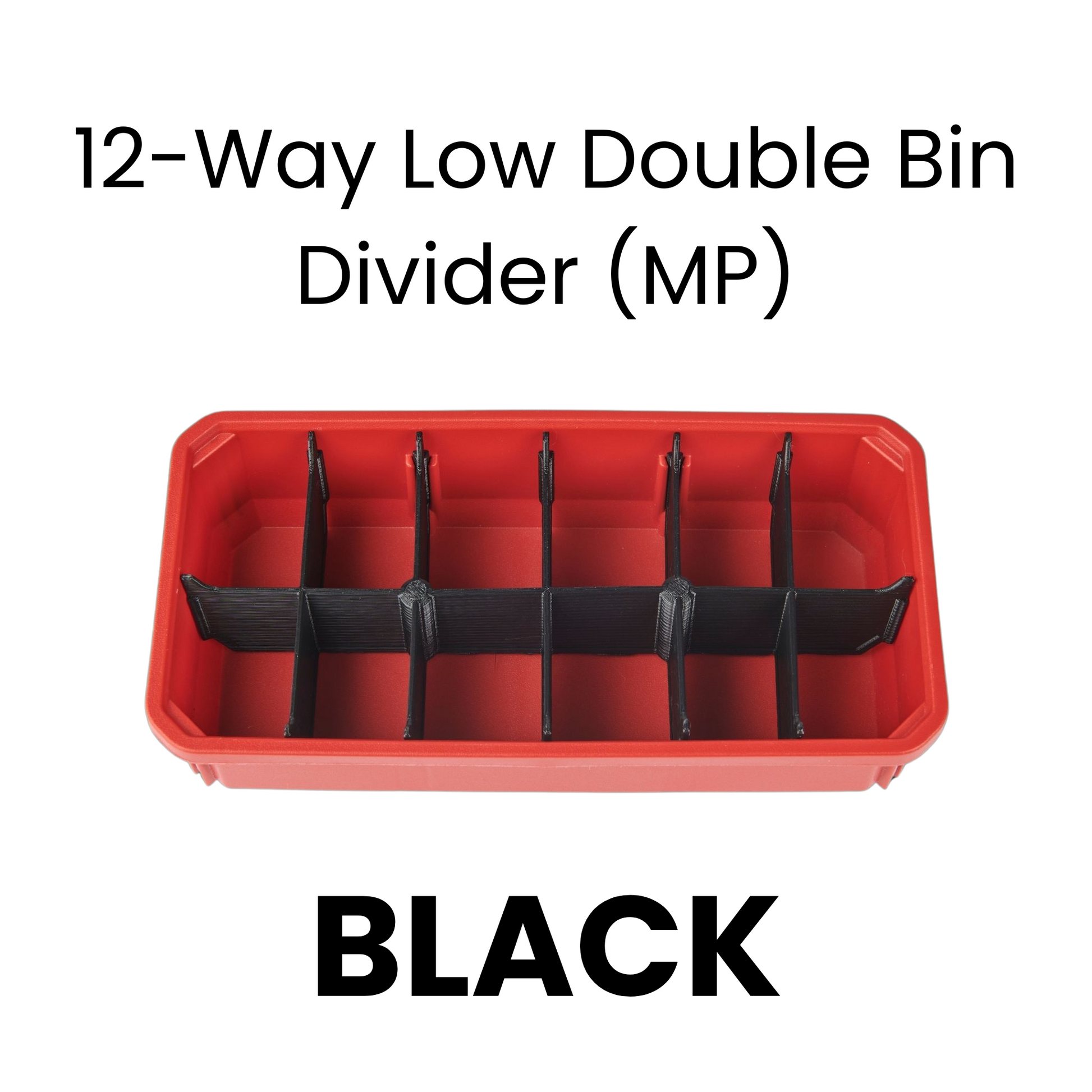 Red Milwaukee bin with black 12-Way Low Double Bin Divider (MP)