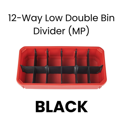 Red Milwaukee bin with black 12-Way Low Double Bin Divider (MP)