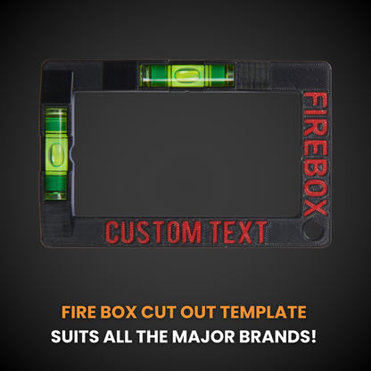 Fire box cut out template with customizable text on a black background