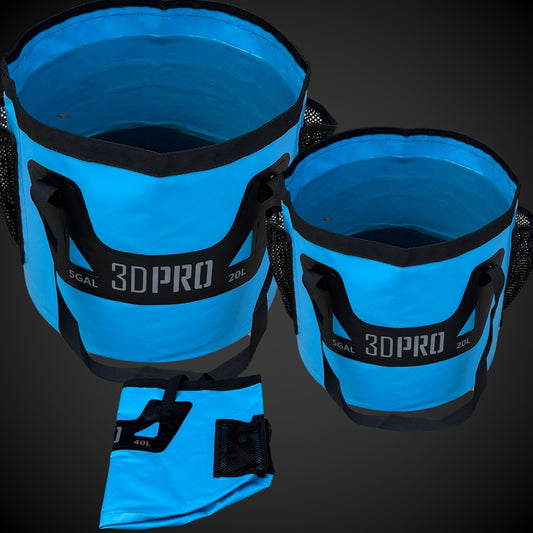 Two blue 3DPRO buckets with handles on a black background
