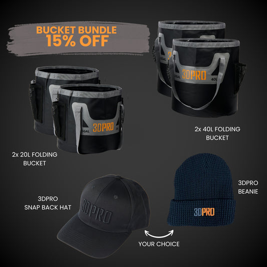 Promotional image of 3DPRO bucket bundle with discount text on a dark background