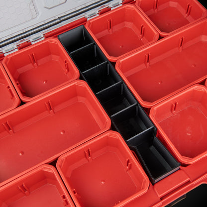 Red storage bins with black Centre Divider Pack (Low Full Width Packout) inside a toolbox