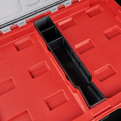 Red Milwaukee toolbox with a black Centre Divider Pack (Low Full Width Packout)