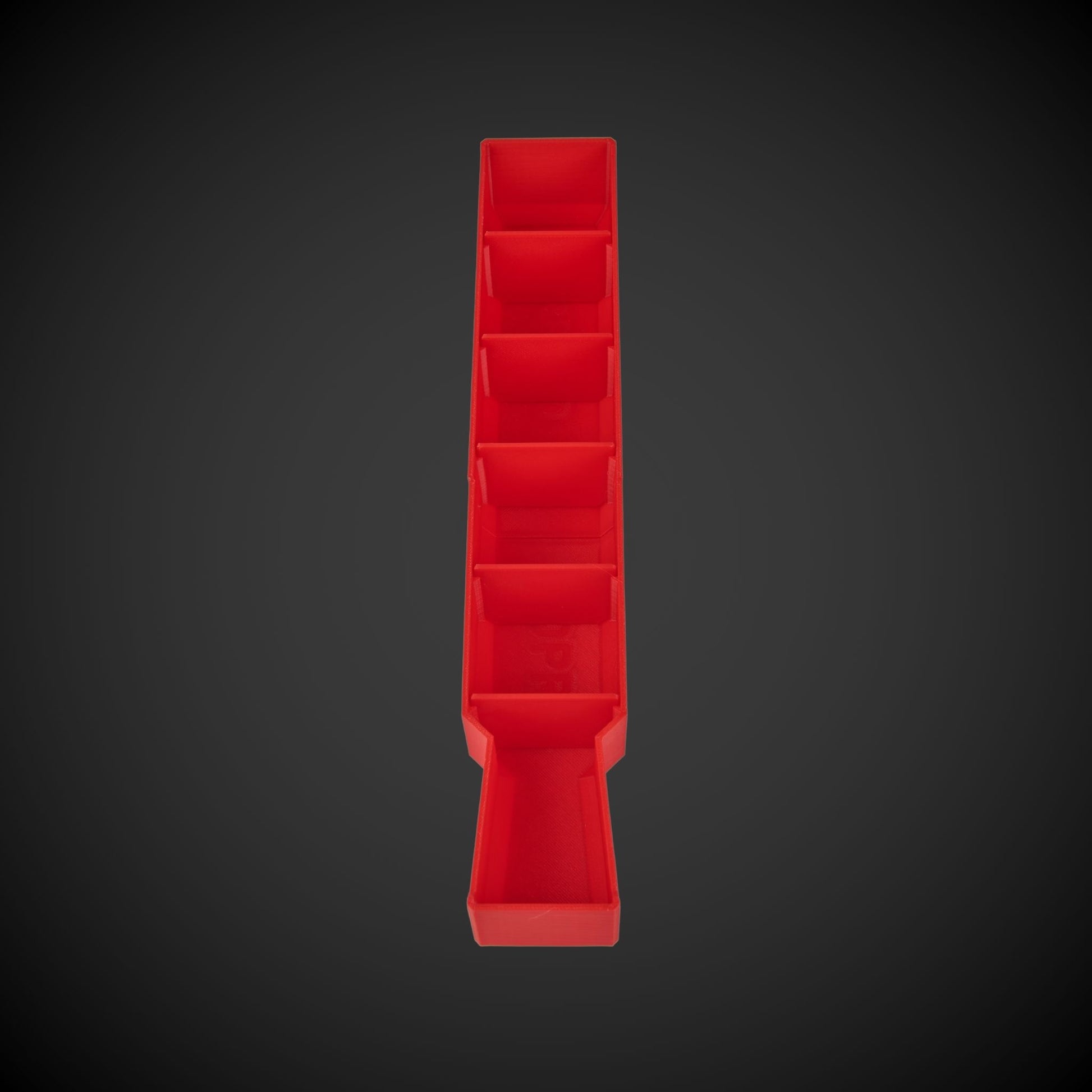 A red set of Milwaukee Slim Packout Centre bin dividers displayed in a vertical arrangement against a black background.