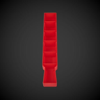 A red set of Milwaukee Slim Packout Centre bin dividers displayed in a vertical arrangement against a black background.