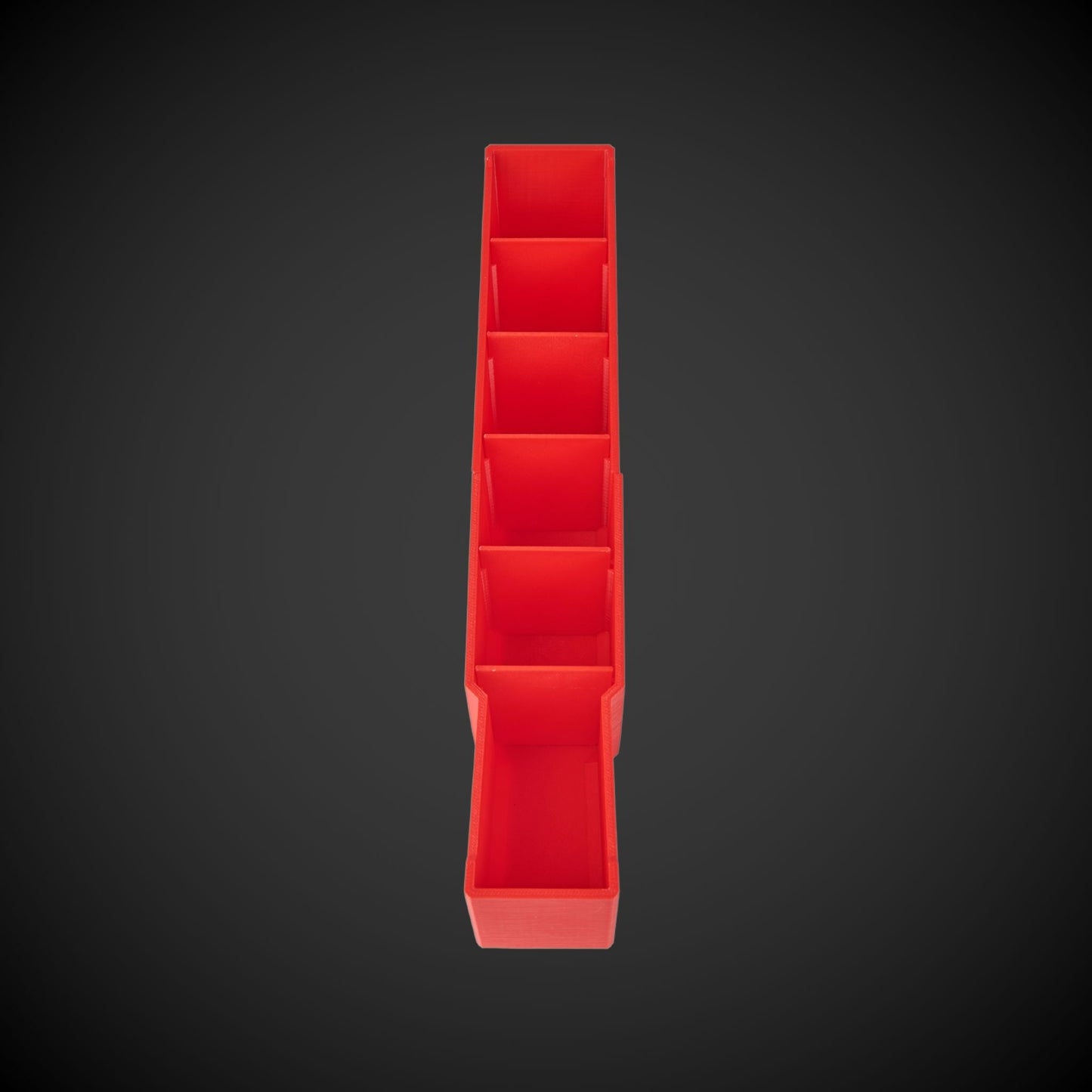 A red 3D printed Centre Divider Pack (Standard Full Width Packout), displayed in a vertical configuration against a black background.