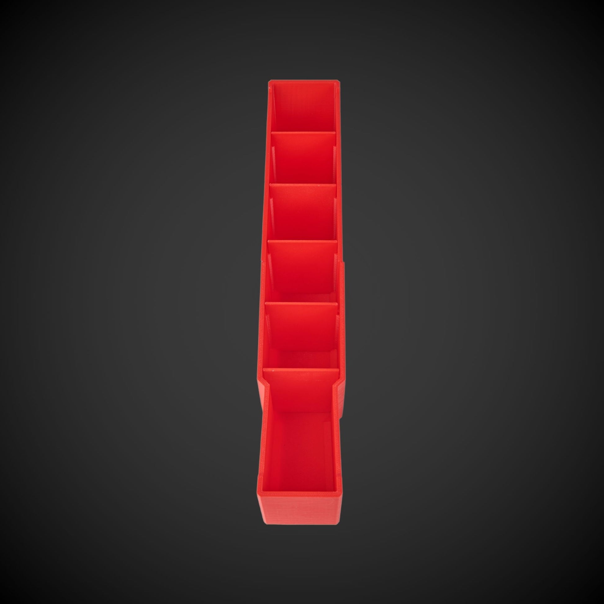 A red 3D printed Centre Divider Pack (Standard Full Width Packout), displayed in a vertical configuration against a black background.