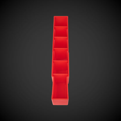 A red 3D printed Centre Divider Pack (Standard Full Width Packout), displayed in a vertical configuration against a black background.