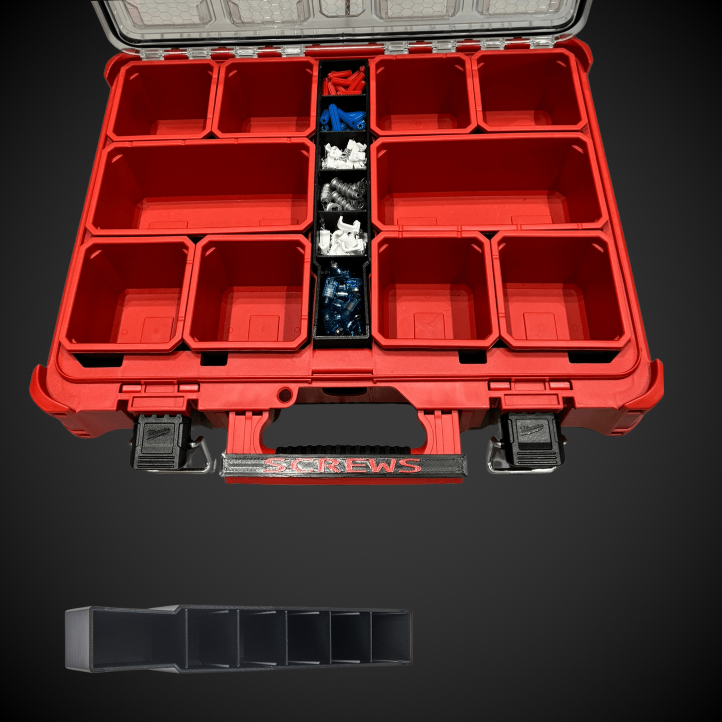 Red Milwaukee tool organizer with Centre Divider Pack (Standard Full Width Packout)on a black background